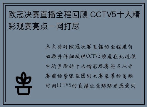 欧冠决赛直播全程回顾 CCTV5十大精彩观赛亮点一网打尽
