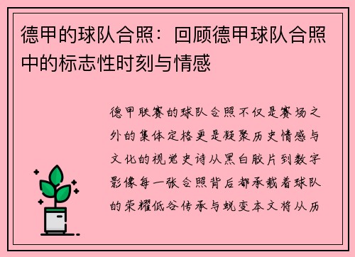 德甲的球队合照：回顾德甲球队合照中的标志性时刻与情感
