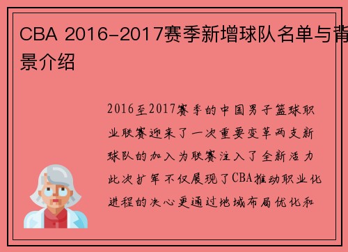 CBA 2016-2017赛季新增球队名单与背景介绍