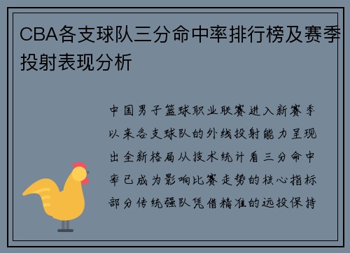CBA各支球队三分命中率排行榜及赛季投射表现分析